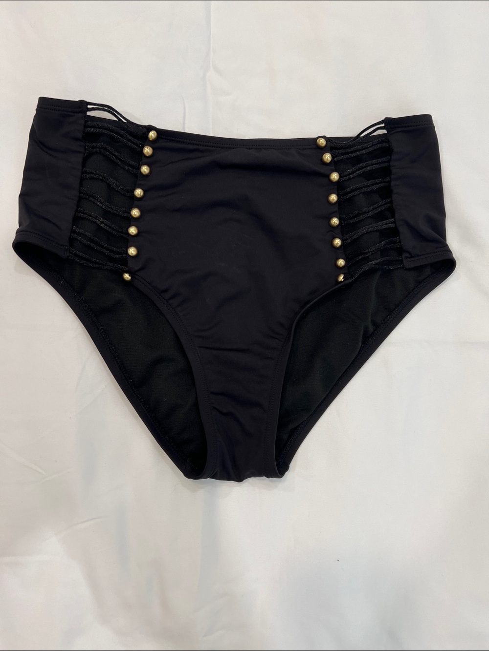 Kenneth Cole Black High-Waist Bikini Bottoms with Gold Bead Detail